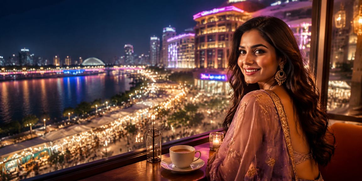 Night view of Ahmedabad riverfront casino with festive lights